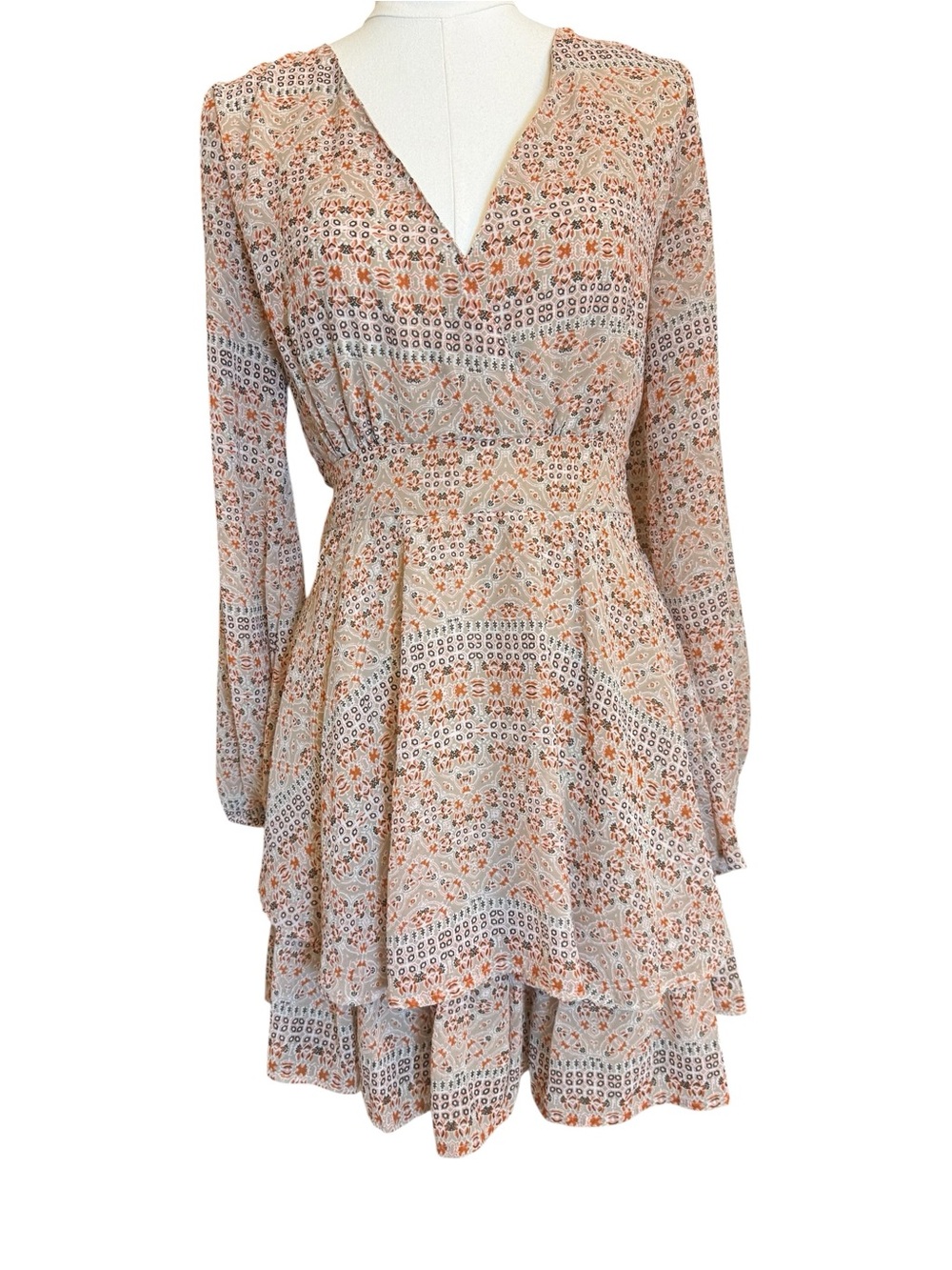 Japna Floral Tiered Mini Dress L Beige Rust Boho Long Sleeve V-Neck